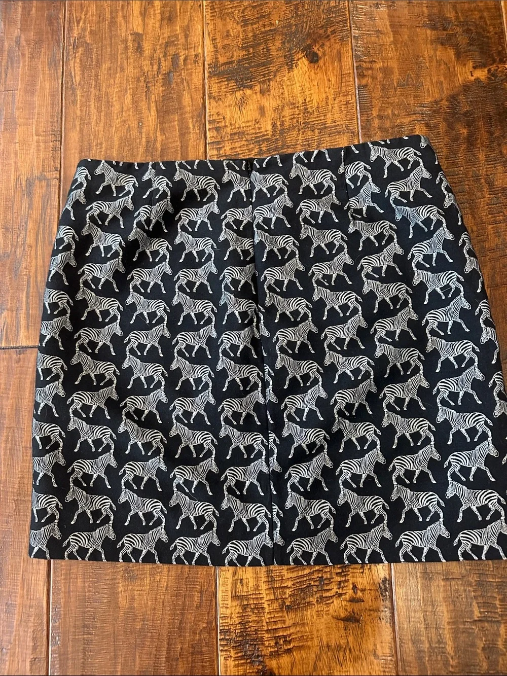 J. Crew Black Mini Skirt w/ Silver Zebra Print and Black Blouse w/ Lace Detail